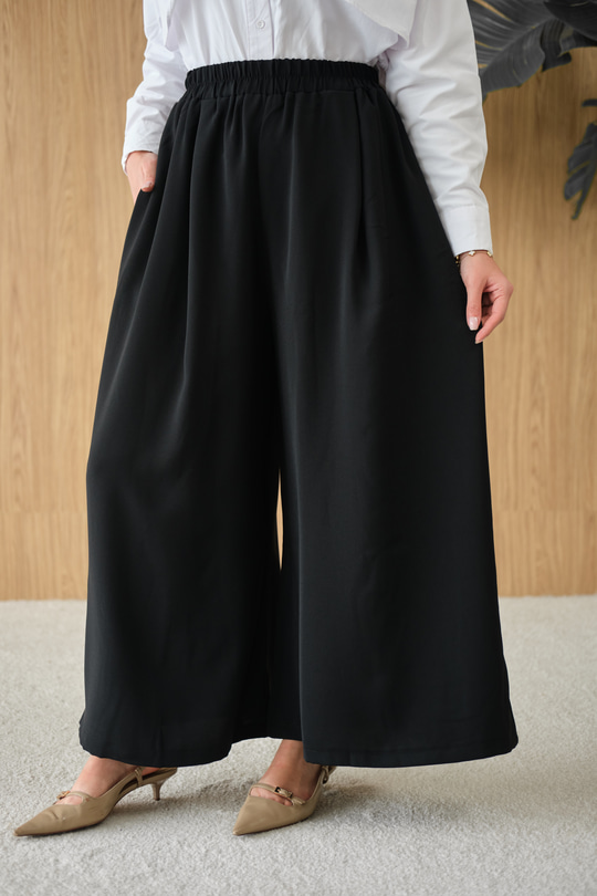 Beli Lastikli Bol Paça Kumaş Pantolon Siyah