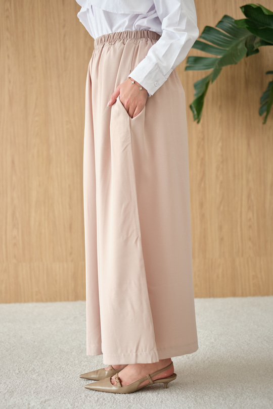 Beli Lastikli Bol Paça Kumaş Pantolon Krem