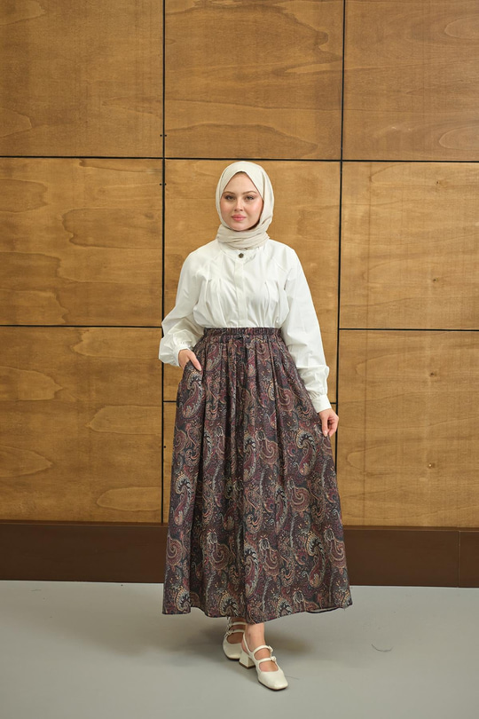 Beli Lastikli Cep Detay Etnik Desen Etek Bordo