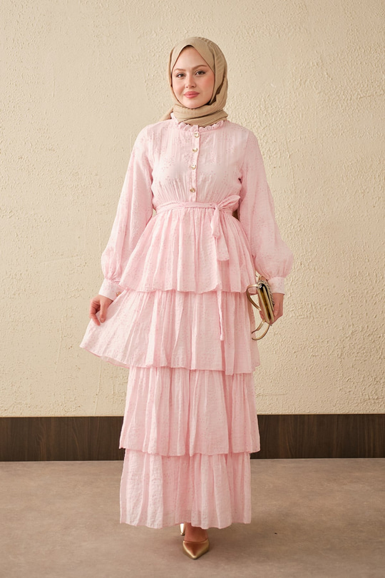 Beli Lastikli Gold Düğme Detaylı Volanlı Elbise Pembe