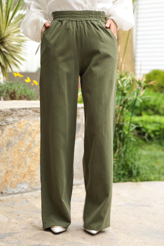 Beli Lastikli Keten Pantolon Haki Yeşil