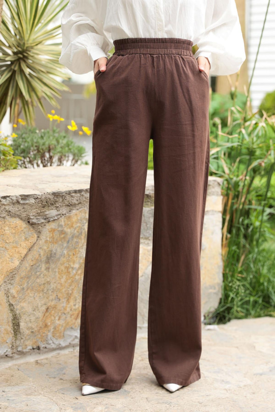 Beli Lastikli Keten Pantolon Kahverengi