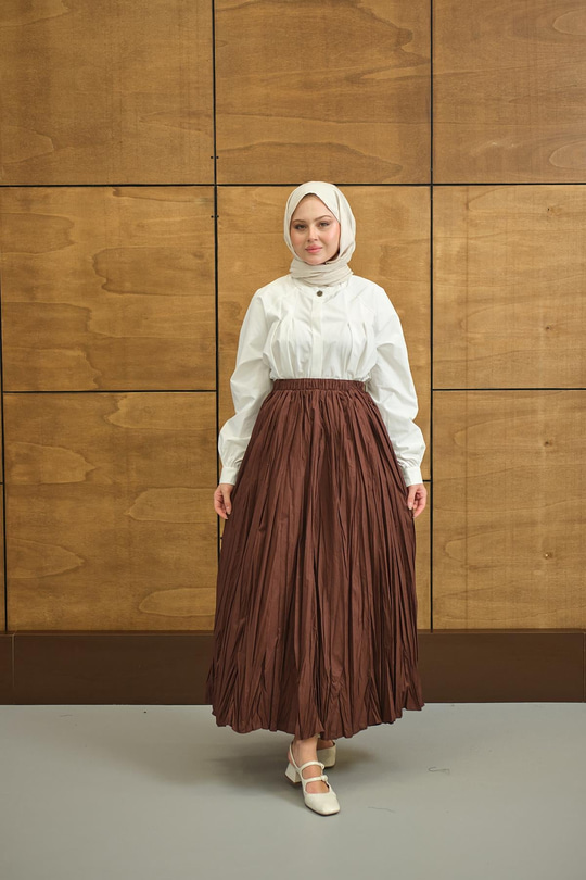 Beli Lastikli Kırışık Detay Etek Acı Kahve