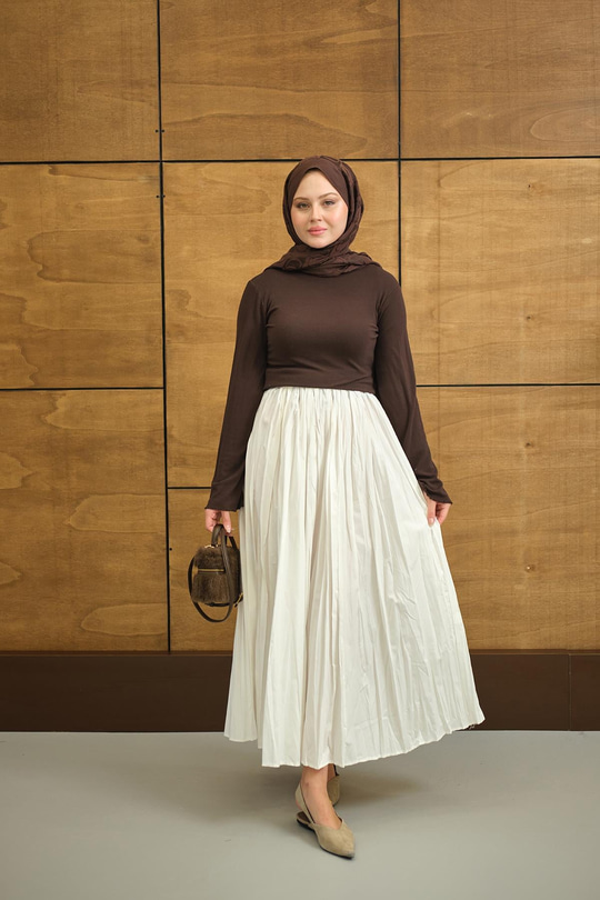 Beli Lastikli Kırışık Detay Etek Beyaz