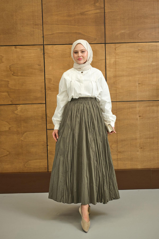 Beli Lastikli Kırışık Detay Etek Haki Yeşil