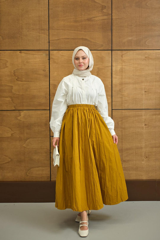 Beli Lastikli Kırışık Detay Etek Hardal