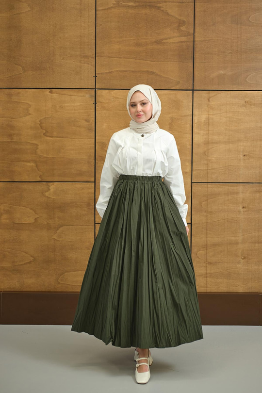 Beli Lastikli Kırışık Detay Etek Koyu Yeşil
