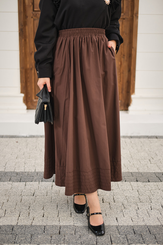 Beli Lastikli Kırışık Etek Kahverengi