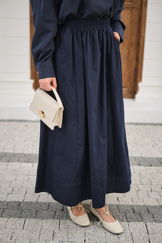 Beli Lastikli Kırışık Etek Lacivert