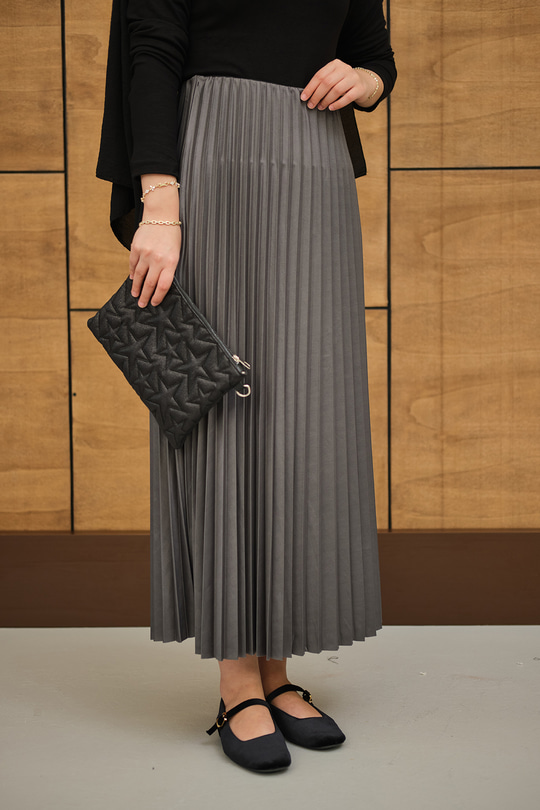 Beli Lastikli Piliseli Etek Gri