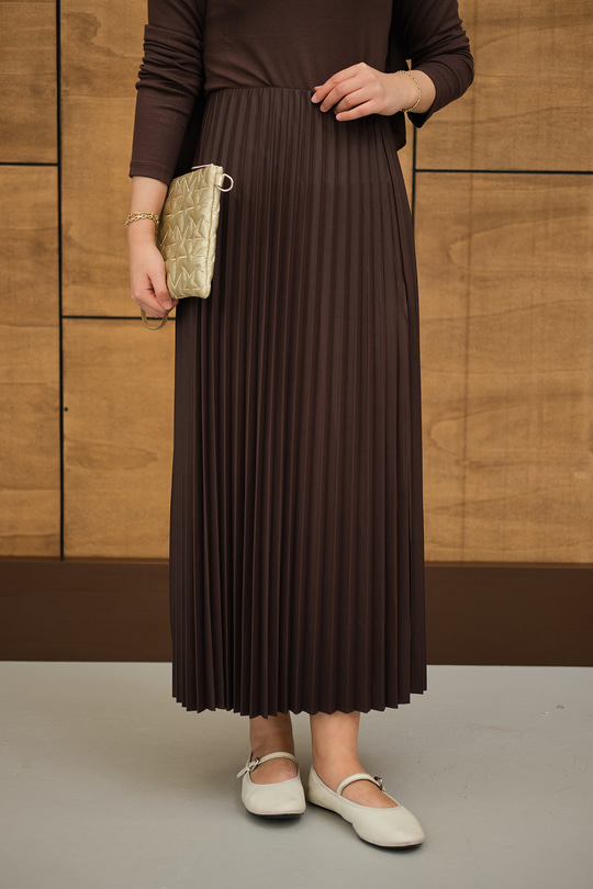 Beli Lastikli Piliseli Etek Kahverengi