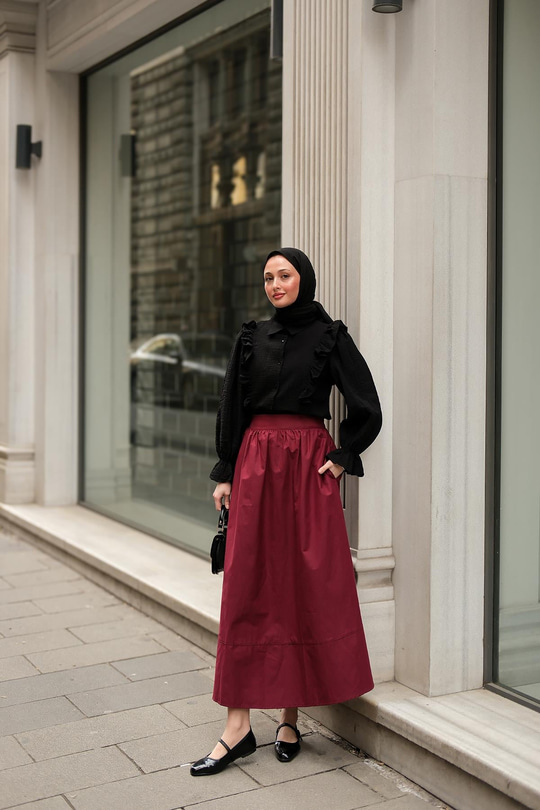 Beli Lastikli Poplin Etek Bordo