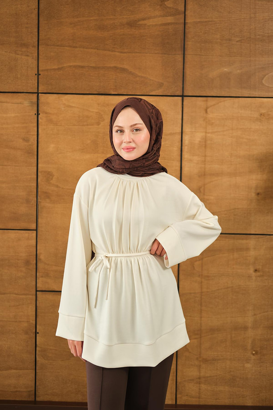 Beli Lastikli Tunik Krem