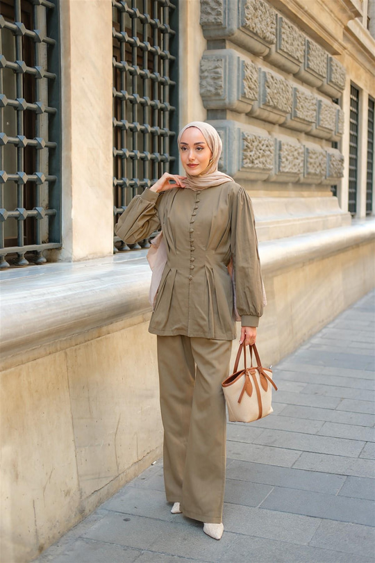 Beli Pens Detaylı Takım Haki Yeşil