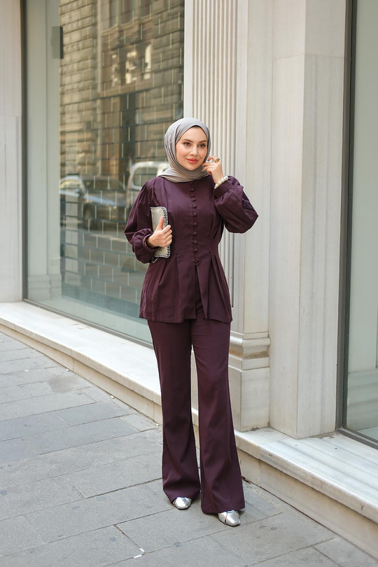 Beli Pens Detaylı Takım Mürdüm