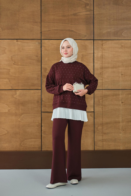 Beli Pileli Taşlı İkili Takım Bordo