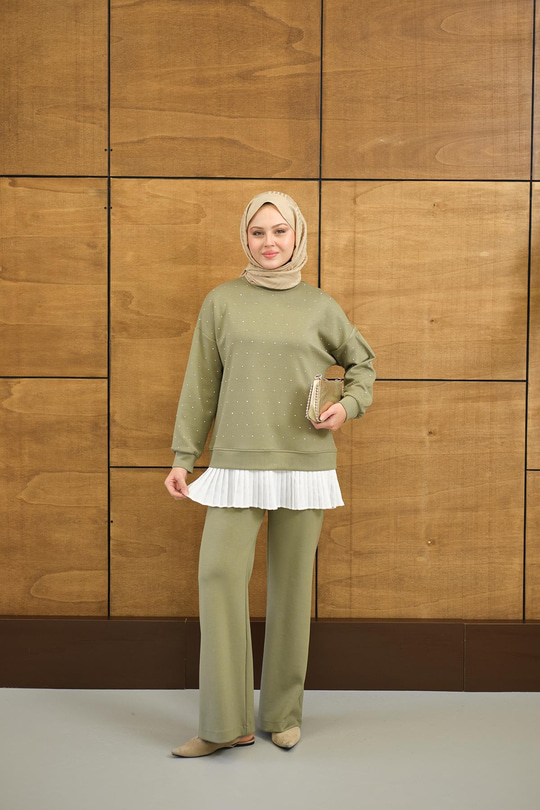 Beli Pileli Taşlı İkili Takım Haki Yeşil