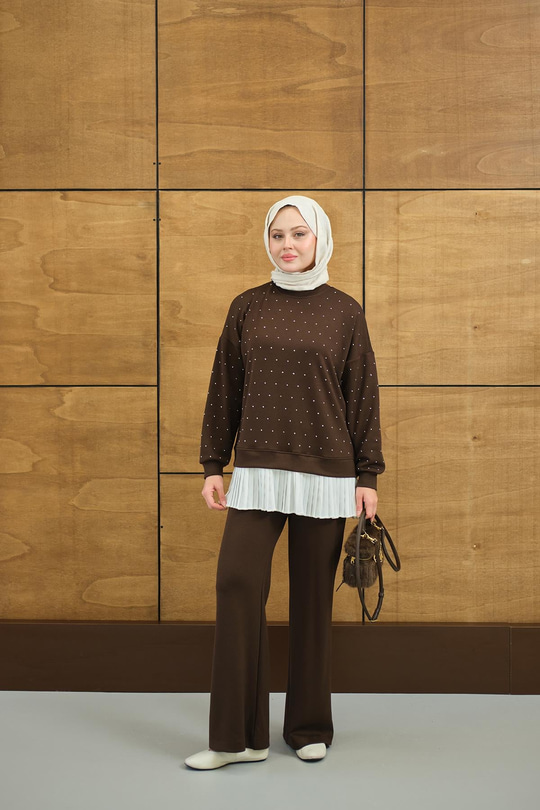 Beli Pileli Taşlı İkili Takım Kahverengi
