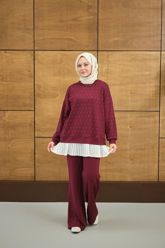 Beli Pileli Taşlı İkili Takım Mürdüm