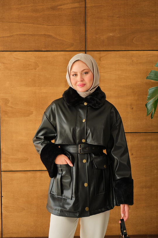 Bilek Ve Yaka Kürklü Deri Ceket Siyah