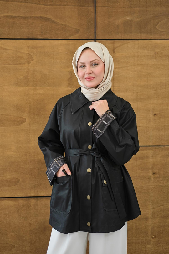 Bilekleri Ekose Görünümlü Trenç Siyah