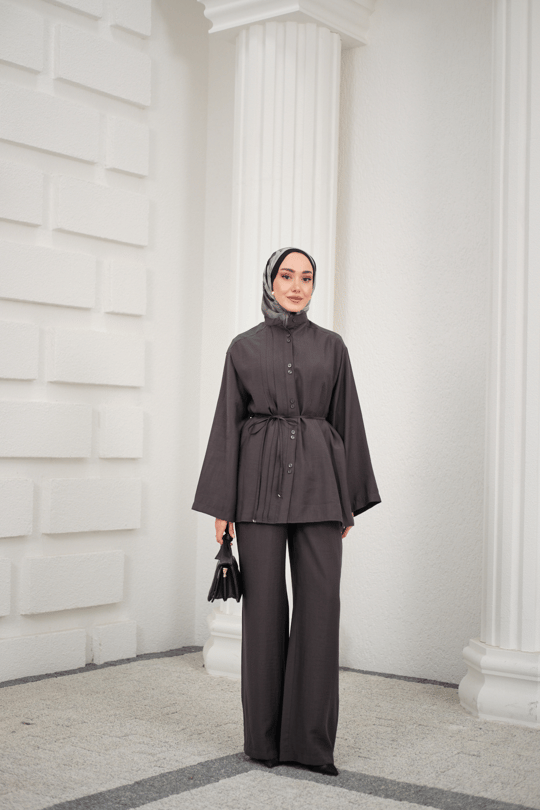 Bisiklet Yaka Bel Bağlamalı Basic Takım Antrasit