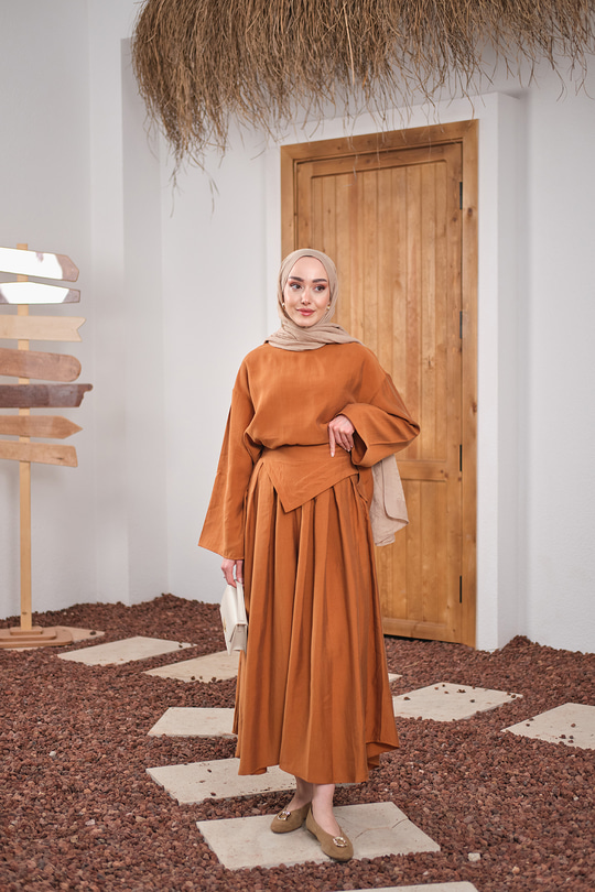 Bisiklet Yaka Beli Kendinden Desenli Takım Turuncu