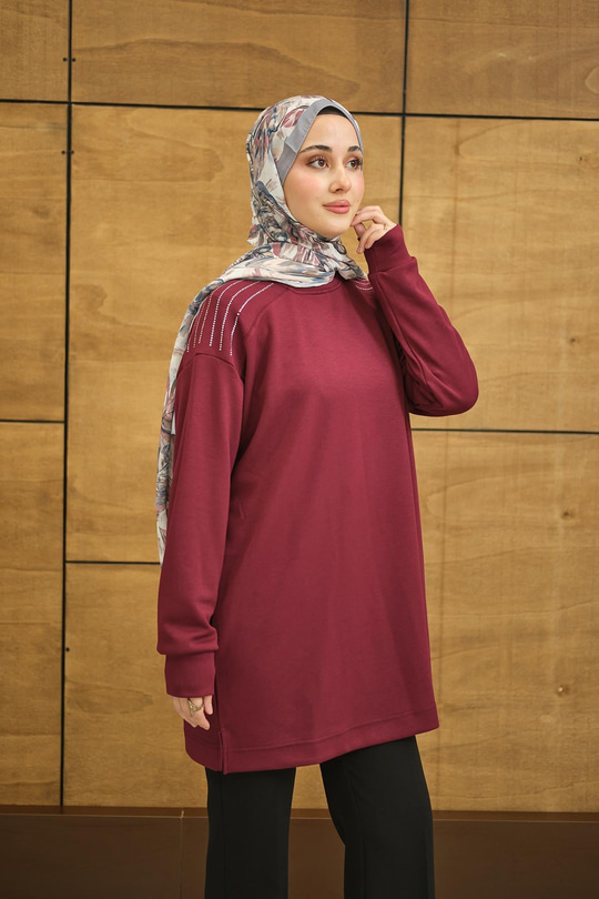 Bisiklet Yaka Omuz Taş Detay Regular Viskon Tunik Mürdüm