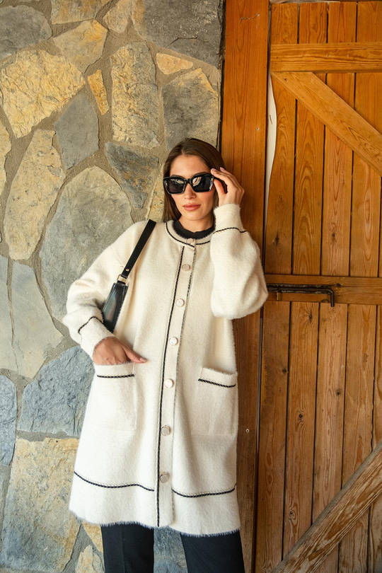 Bisiklet Yaka Triko Ceket Bej