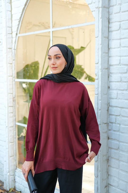 Bisiklet Yaka Triko Kazak Bordo