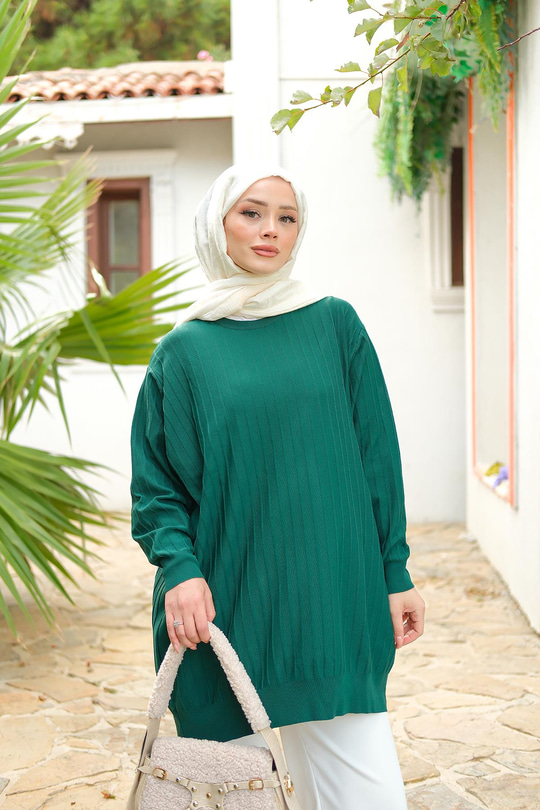 Bisiklet Yaka Tunik Zümrüt Yeşil