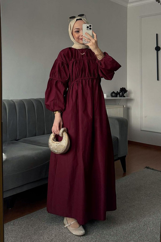 Biye Detaylı Elbise Bordo