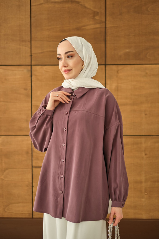 Biyeli Bel Bağlamalı Gömlek Mürdüm