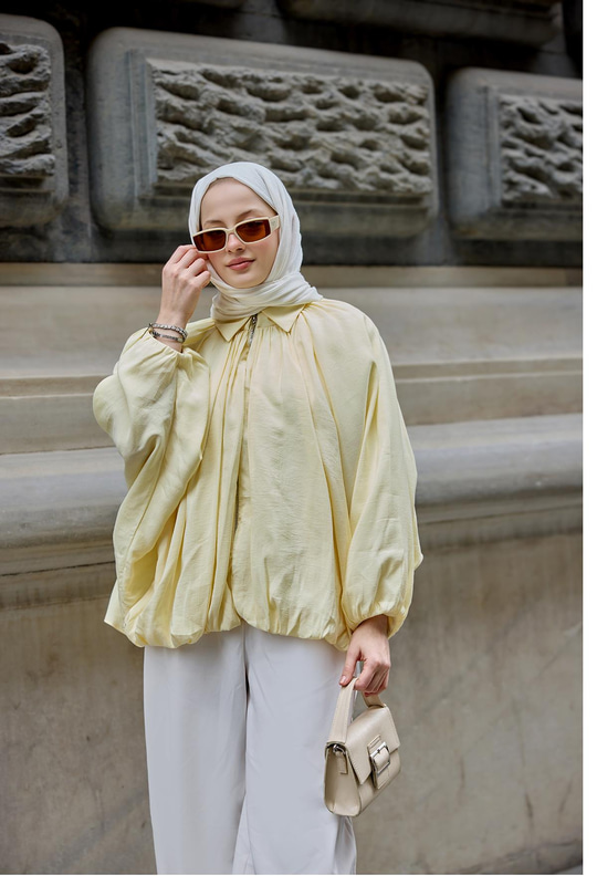 Bluz Yaka Yarasa Büzgülü Hırka Sarı