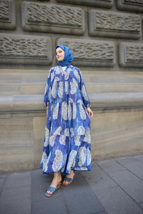 Bohem Desenli Elbise Lacivert