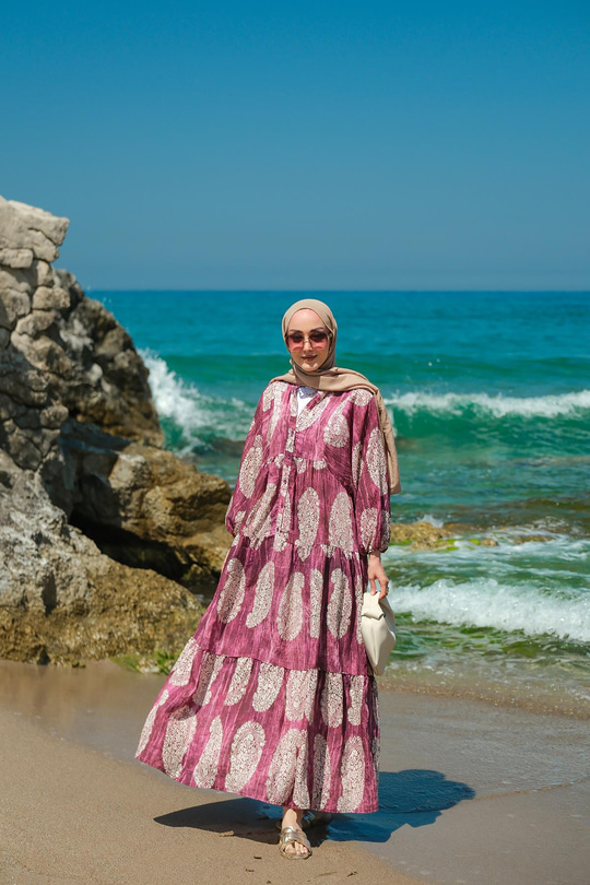 Bohem Desenli Elbise Mor