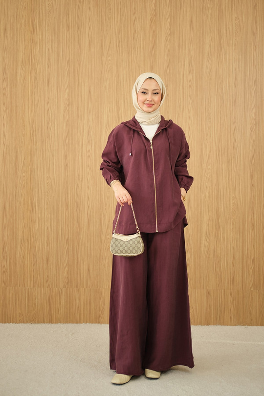 Bol Paça Fermuarlı Takım Bordo