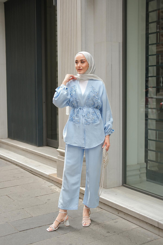 Boncuk Detay Kimono Takım Bebe Mavi