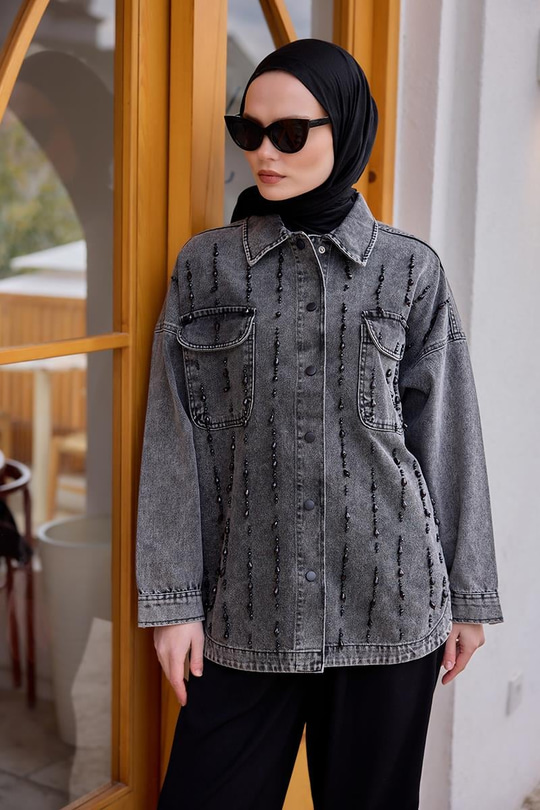 Boncuk İşlemeli Jean Ceket  Antrasit