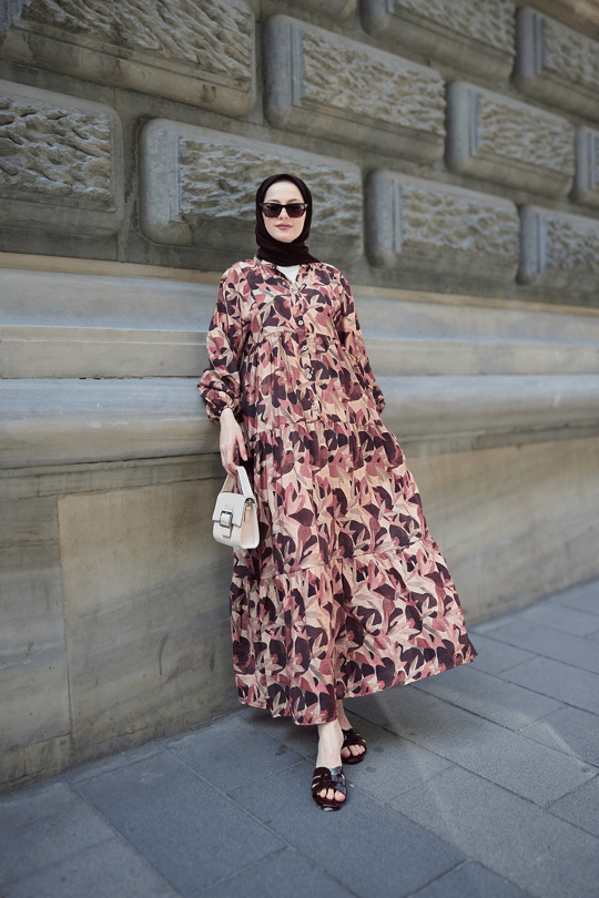 Botanik Desen Elbise Kahverengi