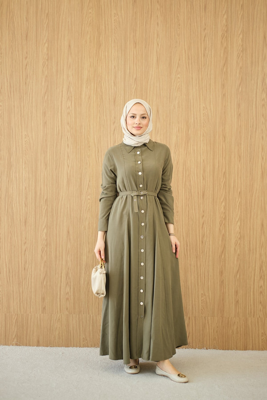 Boydan Düğmeli Kemerli Elbise Küf Yeşil