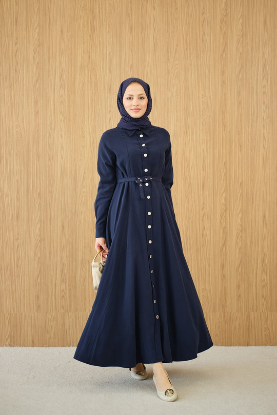 Boydan Düğmeli Kemerli Elbise Lacivert