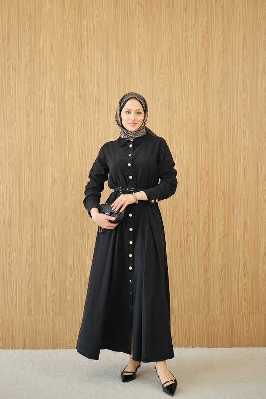 Boydan Düğmeli Kemerli Elbise Siyah