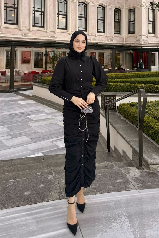 Boydan Düğmeli Önü Büzgü Detay Elbise Siyah