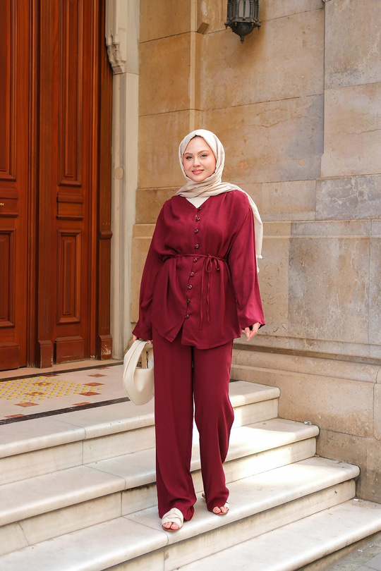Brit Düğme Detaylı Keten Takım Bordo