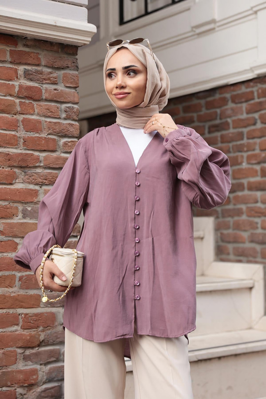 Brit Düğme Detaylı Vual Gömlek Mürdüm