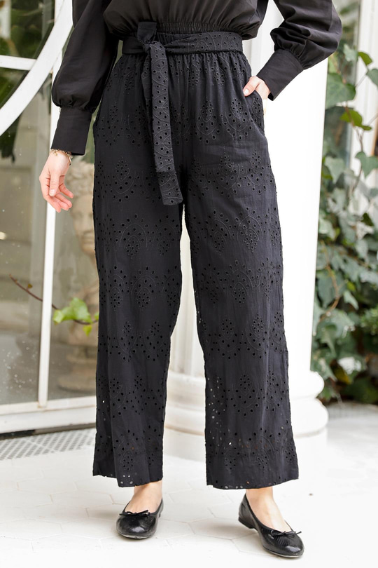 Brode Desenli Bel Bağlamalı Pantolon Siyah