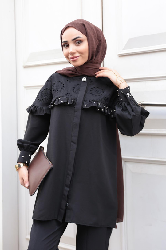 Brode Detay Taşlı Gömlek Siyah
