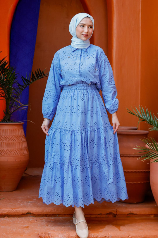 Brode Detaylı Taş İşlemeli İkili Takım  Mavi