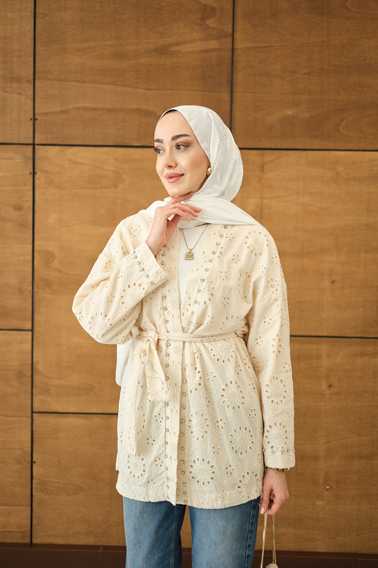Brode Taş İşlemeli Kimono Krem